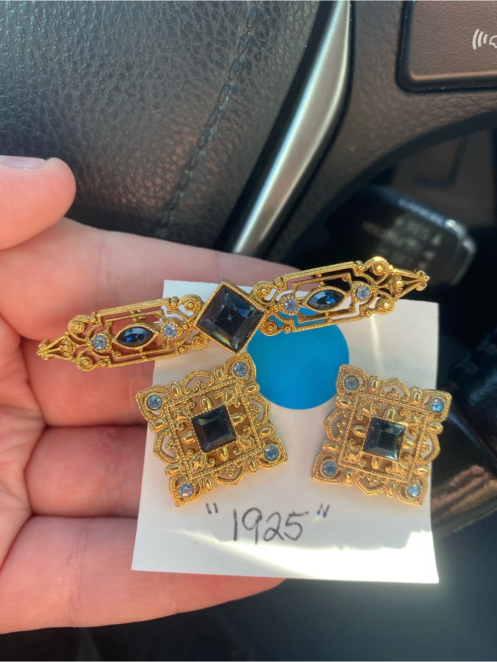 Gold-Tone Filigree Brooch and Earring Set with Blue Stones